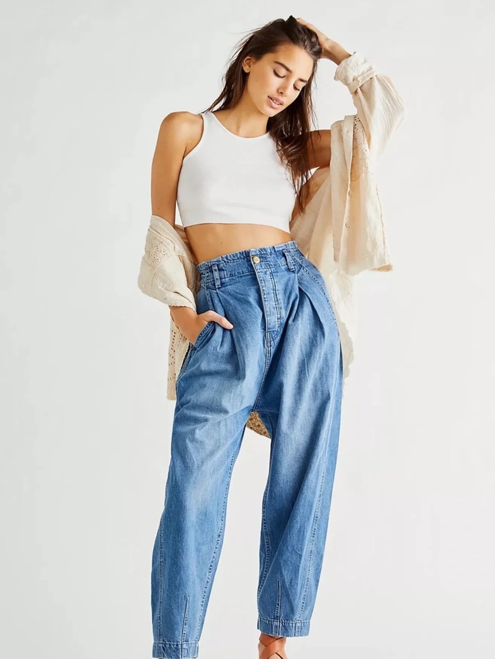 We The Free Free People Sawyer Pull-On High-Rise Pleated Boyfriend Jeans